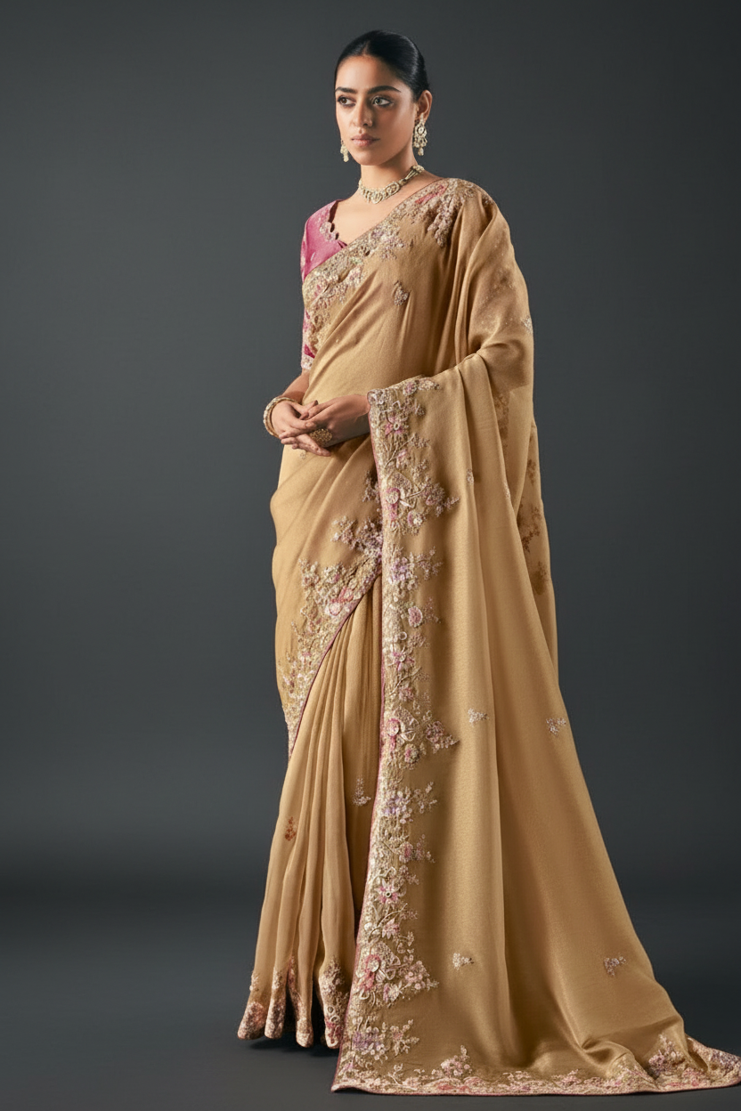 Golden Tissue Saree with Mirror and Thread Work