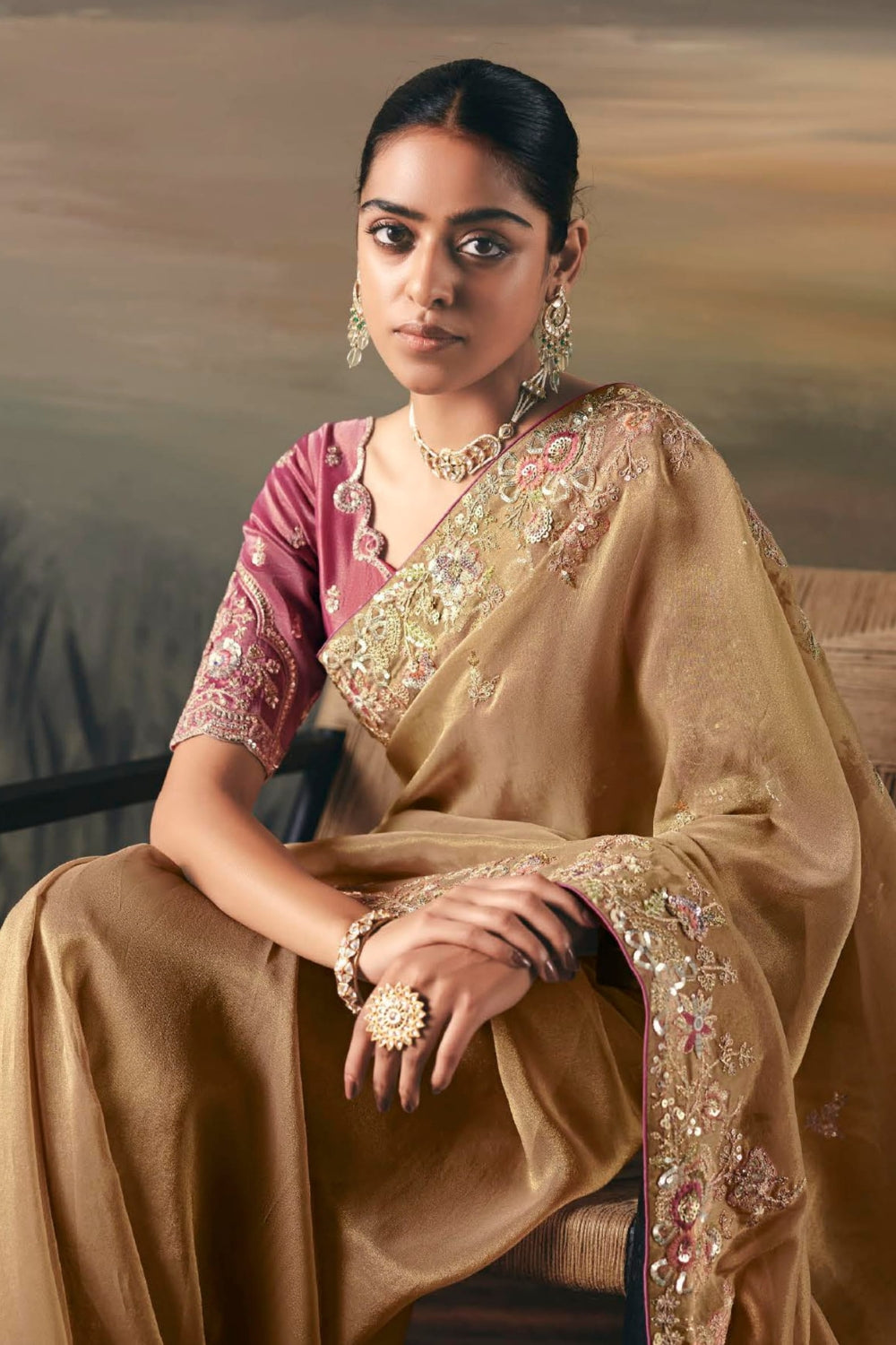 Golden Tissue Saree with Mirror and Thread Work