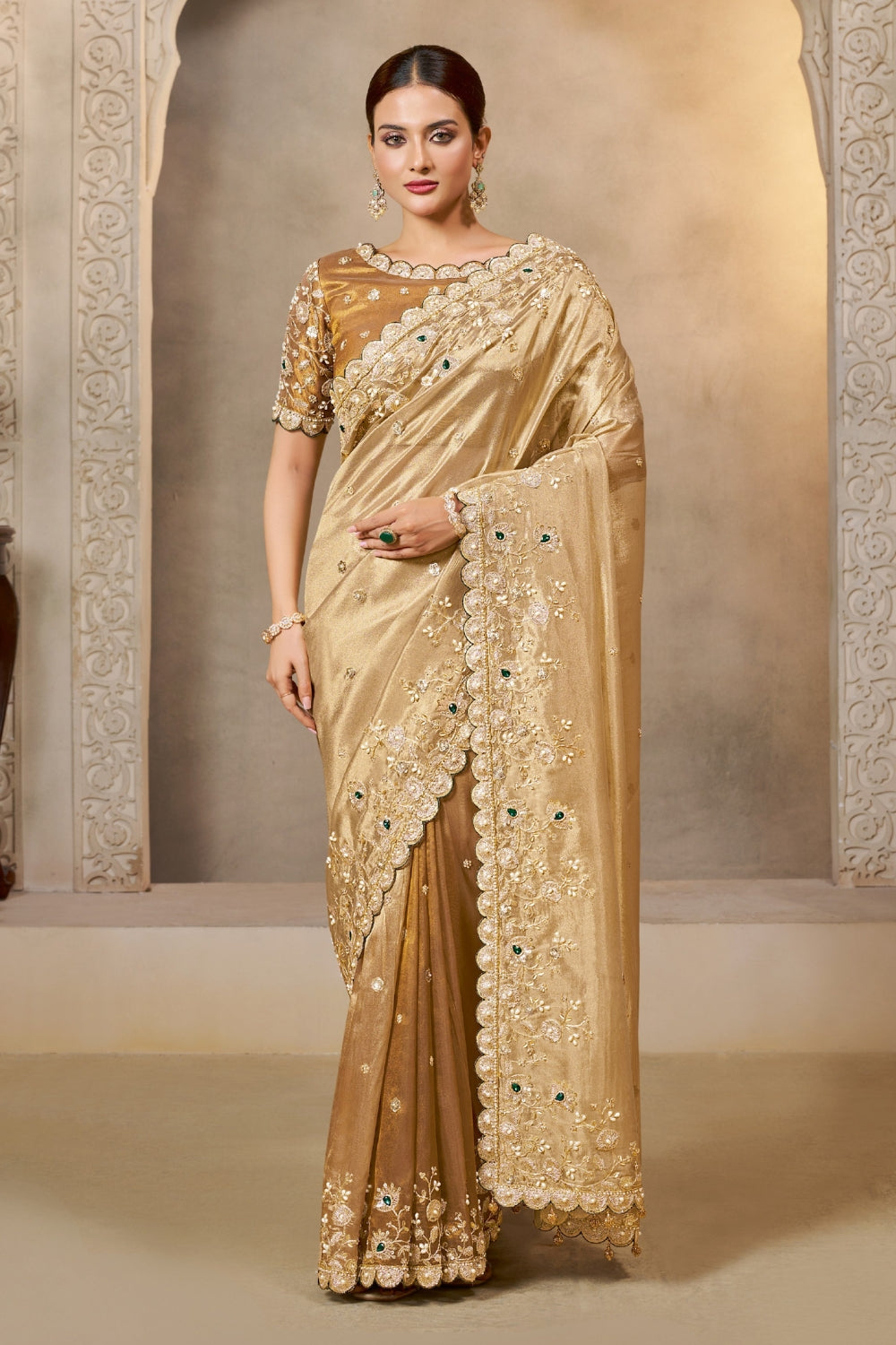 Golden Tissue Silk Saree with Sequins and Moti Work