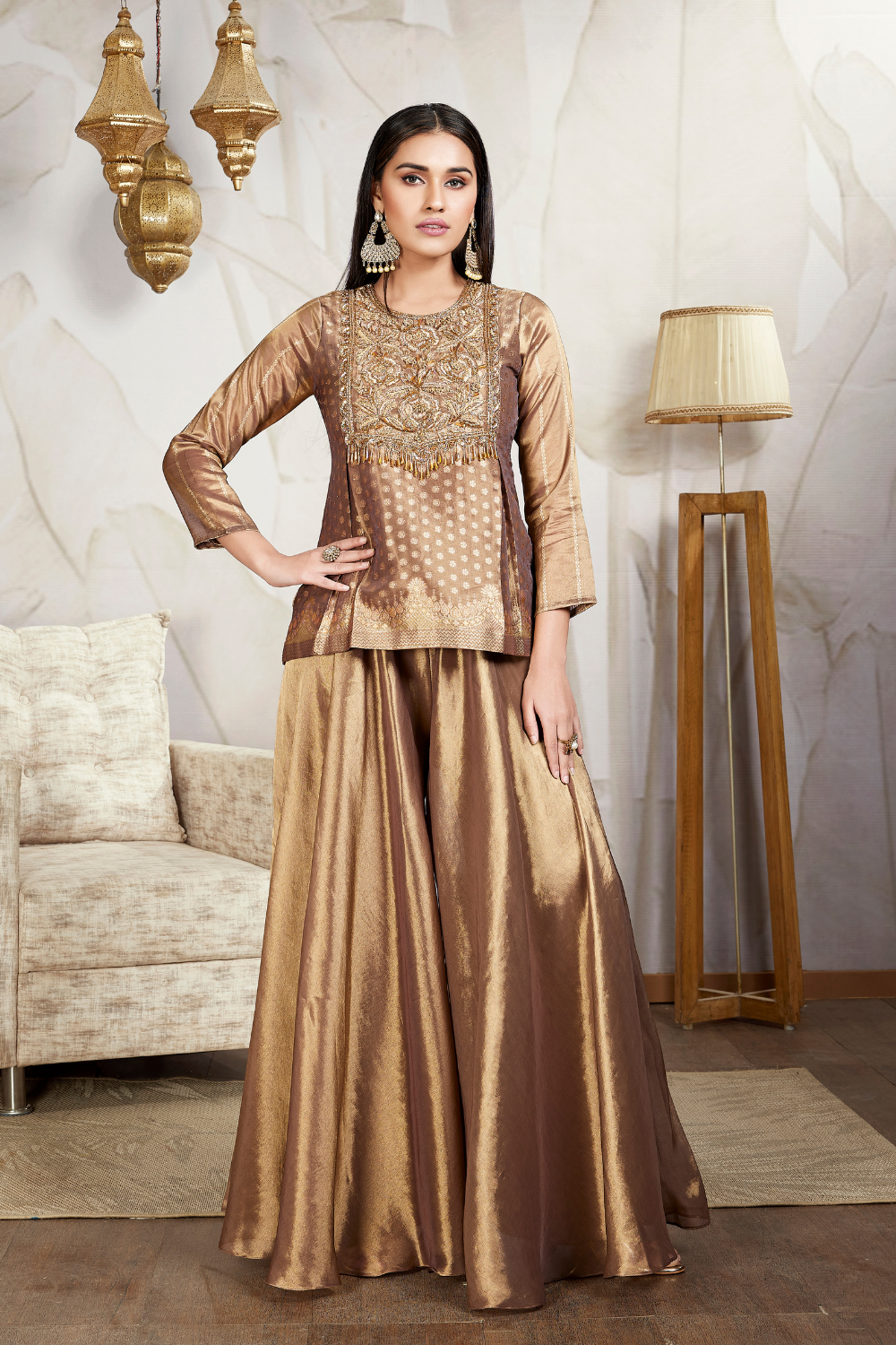 Golden Tissue Shimmer Suit With Zardosi Work