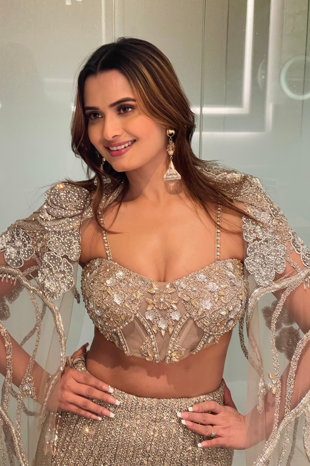 Golden Net Fish-Cut Lehenga Choli with Cutdana and Beads Work