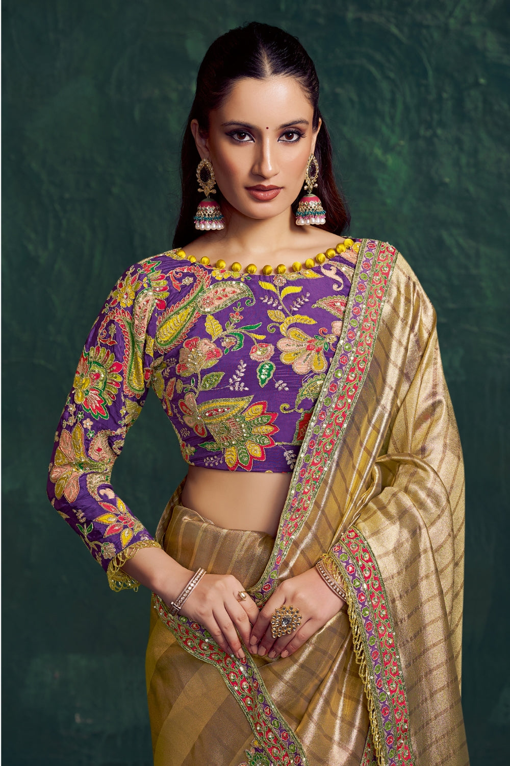 Golden Tissue Saree with Cutdana and Moti Work