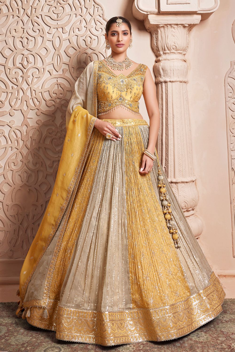 Golden and Beige Tissue Sequin Worked Designer Lehenga
