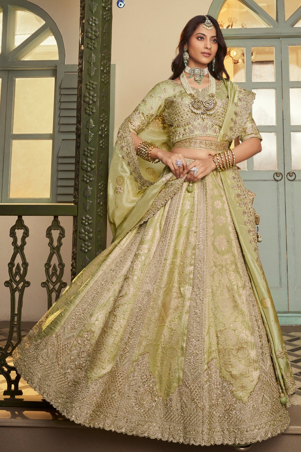 Green Banarasi Silk Lehenga Set with Embroidery and Stone Work
