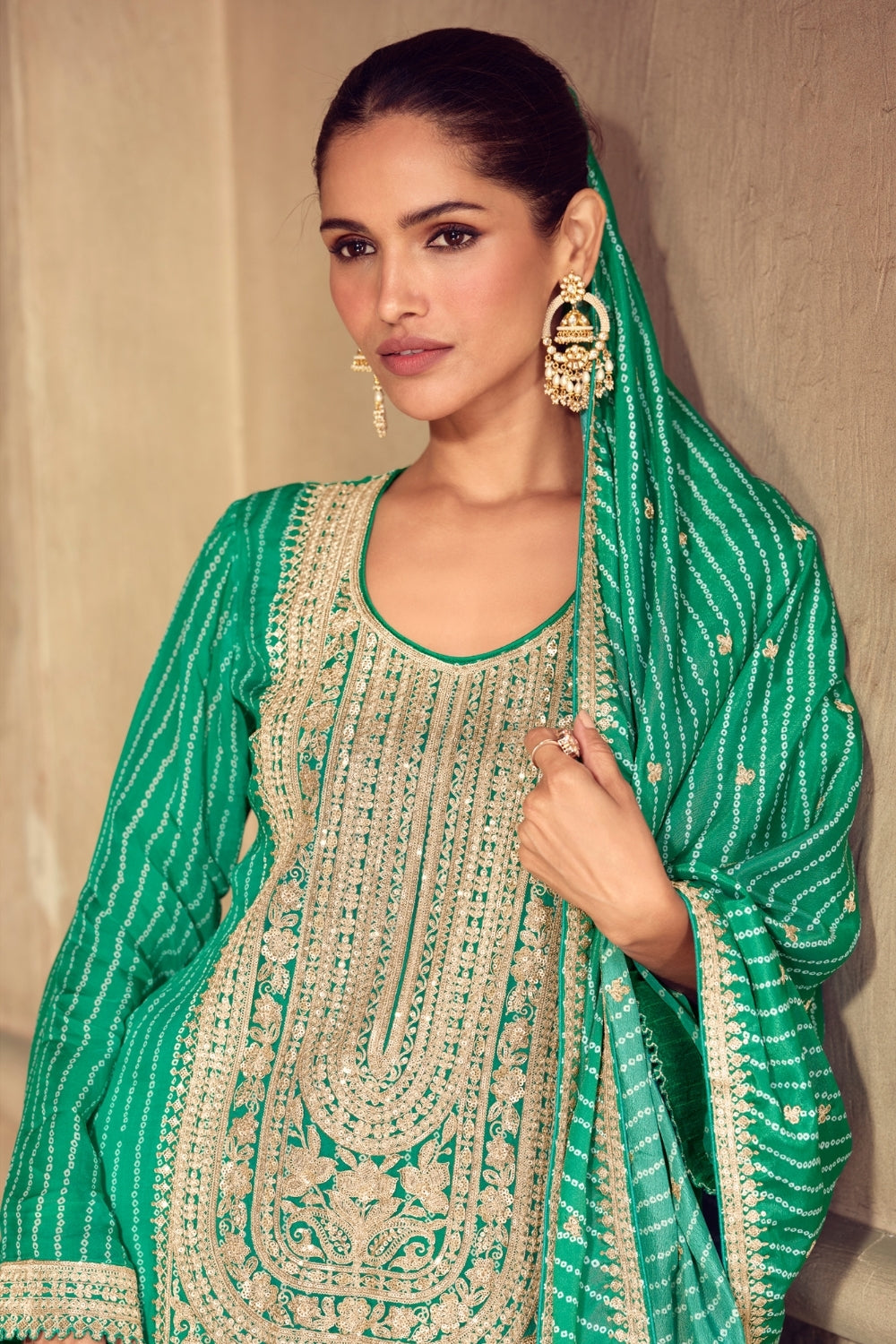 Green Chinon Silk Embroidered Sharara Suit