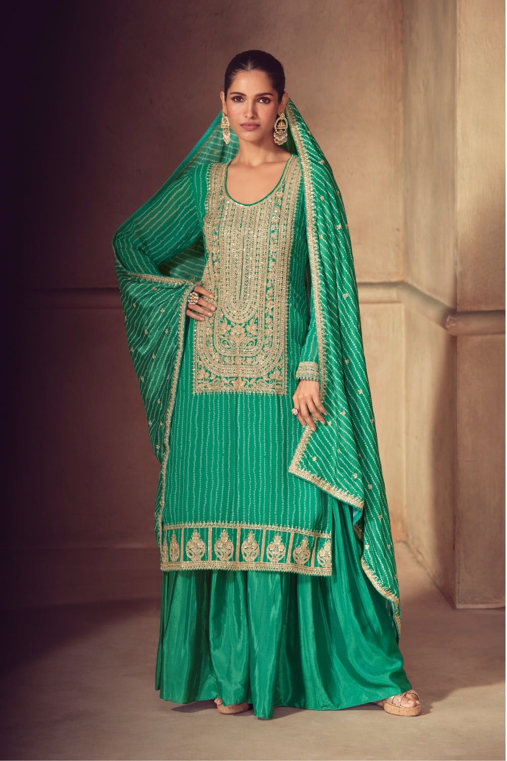 Green Chinon Silk Embroidered Sharara Suit