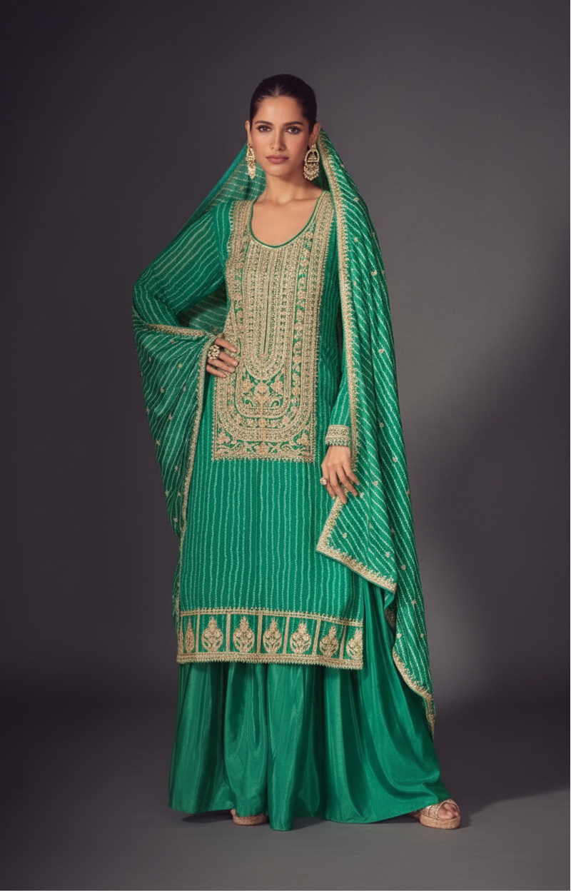Green Chinon Silk Embroidered Sharara Suit