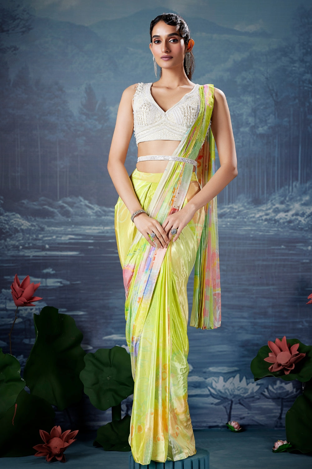 Green Crape Silk Drape Saree with Cutdana and Beads