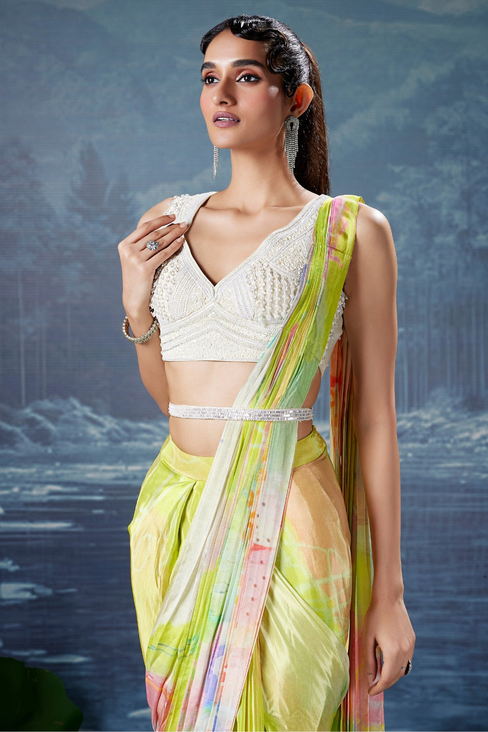 Green Crape Silk Drape Saree with Cutdana and Beads