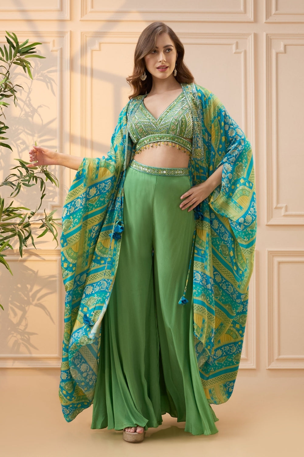 Green Crepe Silk Palazzo Set with Cutdana and Moti Work