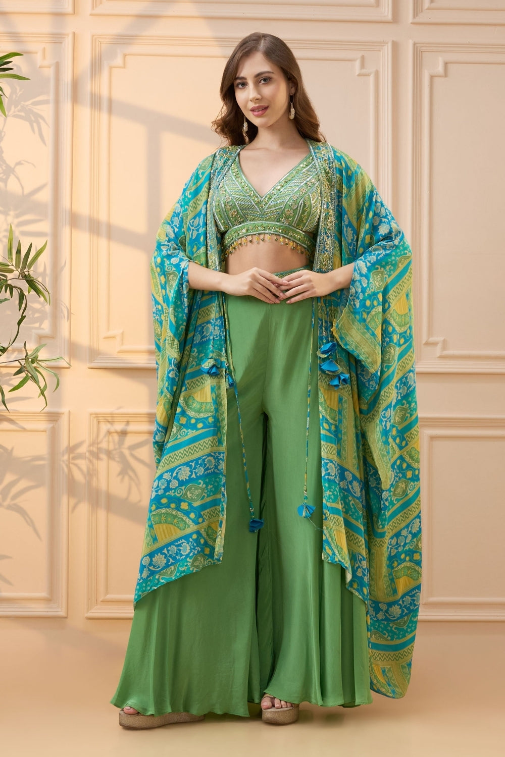 Green Crepe Silk Palazzo Set with Cutdana and Moti Work