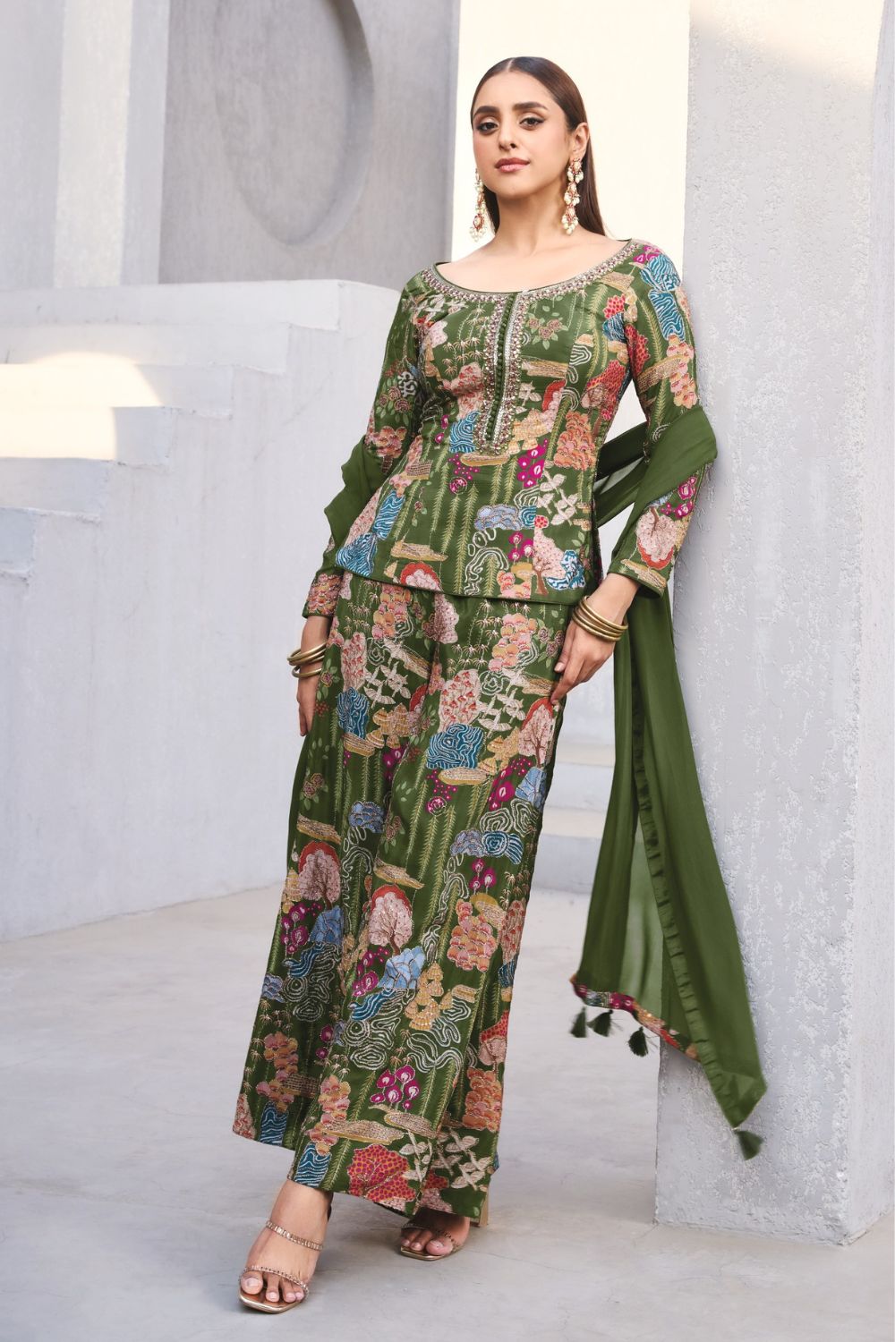 Green Crepe Silk Peplum Set with Handwork