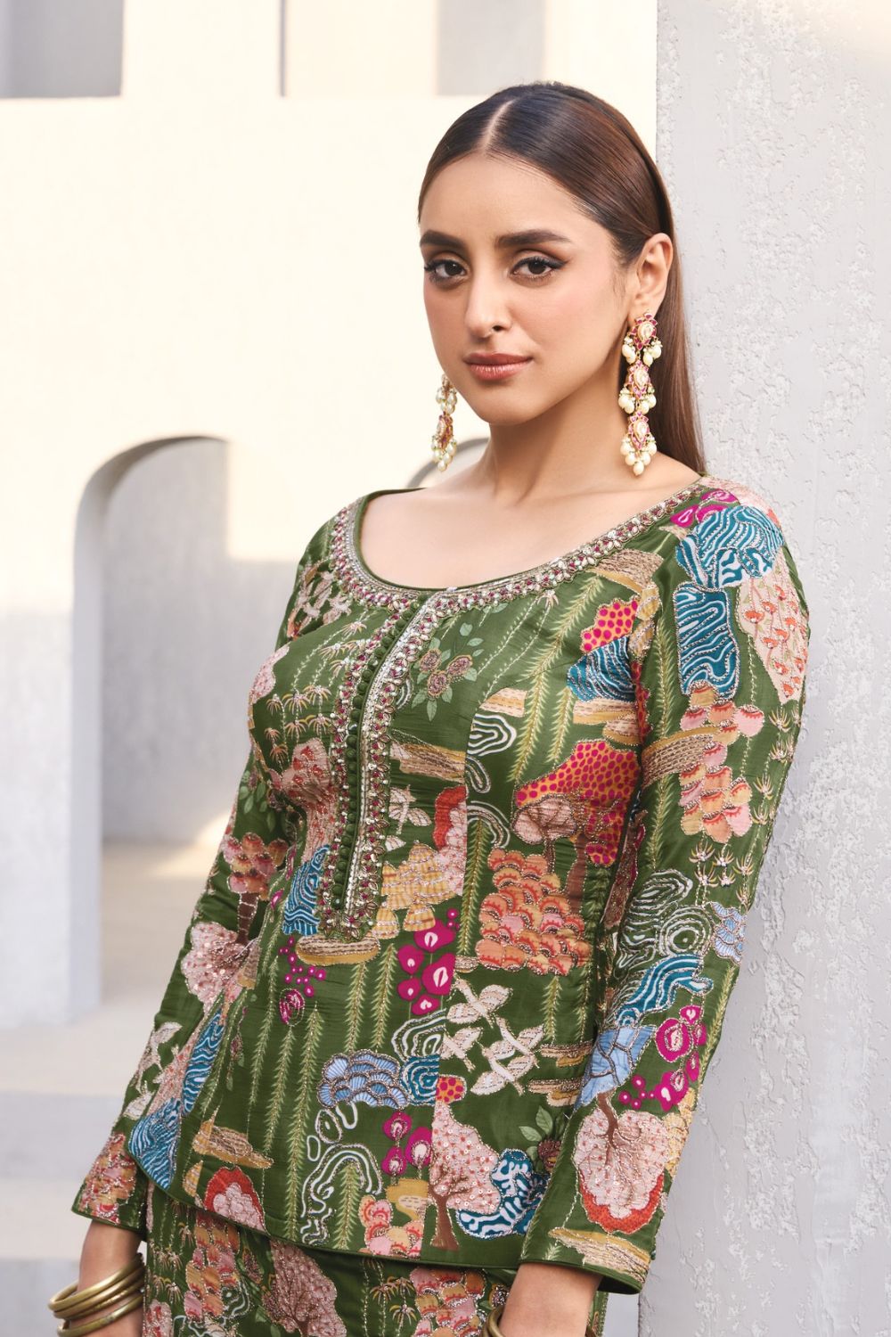 Green Crepe Silk Peplum Set with Handwork