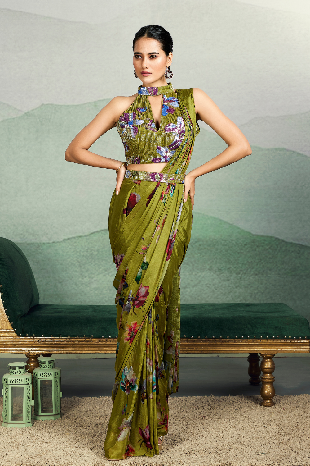 Green Crepe Silk Readymade Saree With Halter Neck Blouse