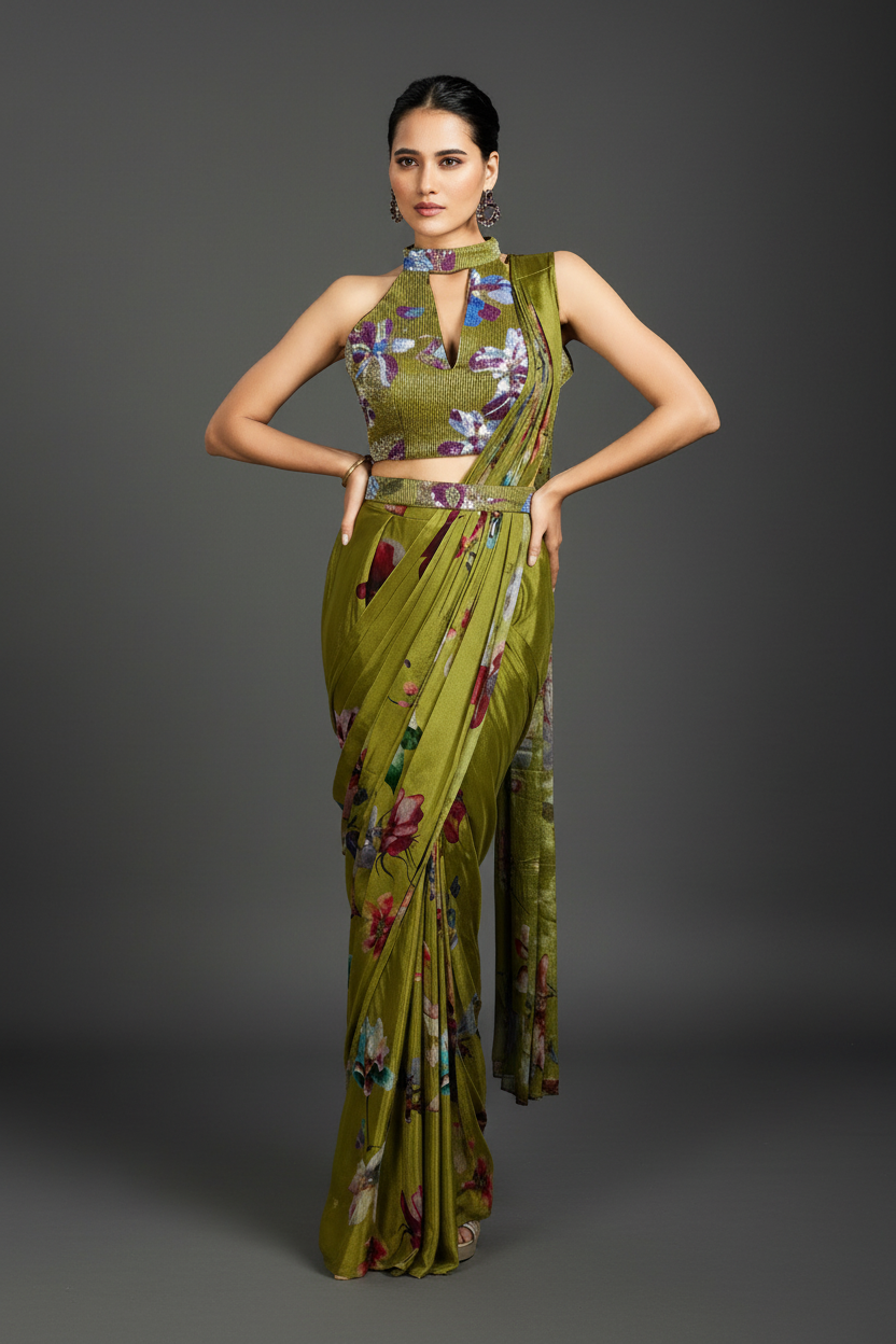 Green Crepe Silk Readymade Saree With Halter Neck Blouse
