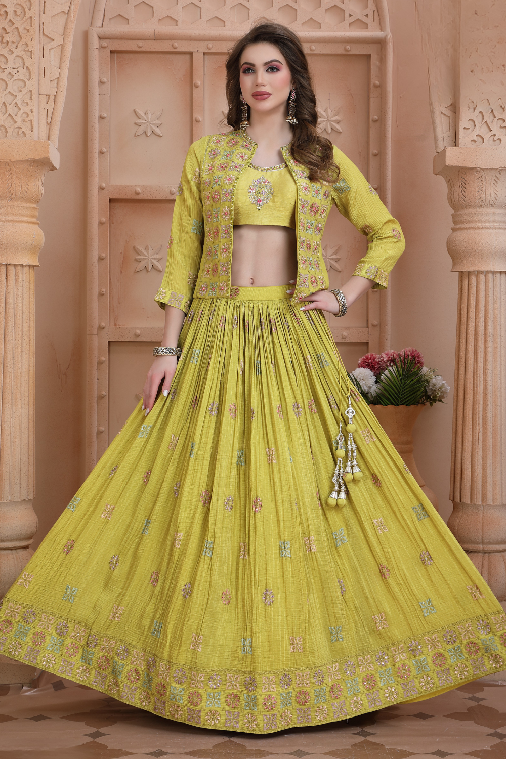 Green Georgette Lehenga Choli with Resham and Stone Work