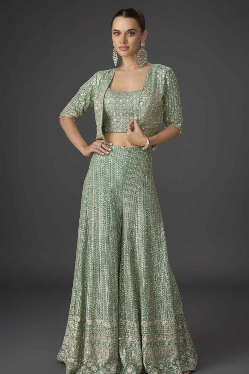 Green Georgette Palazzo Set with Embroidery and Sequins Work