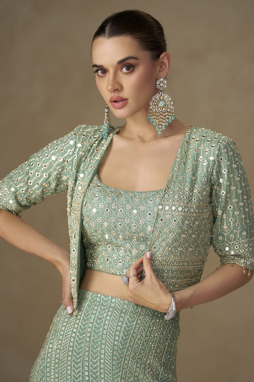 Green Georgette Palazzo Set with Embroidery and Sequins Work