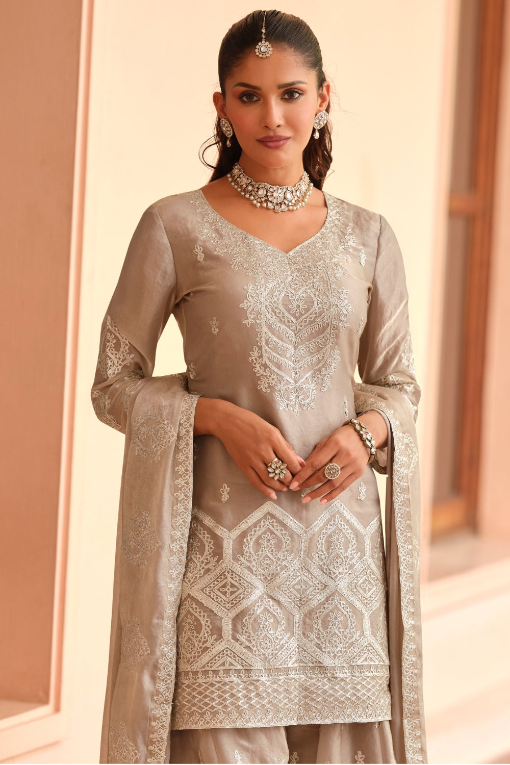 Silk Palazzo Set with Embroidery and Sequins Work