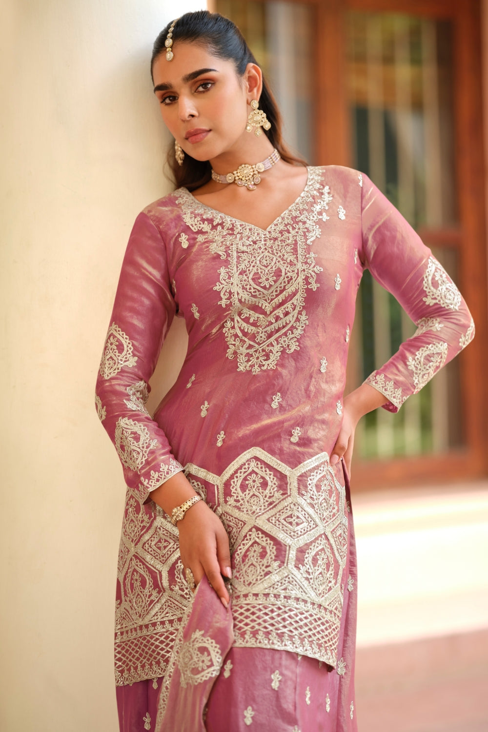 Silk Palazzo Set with Embroidery and Sequins Work