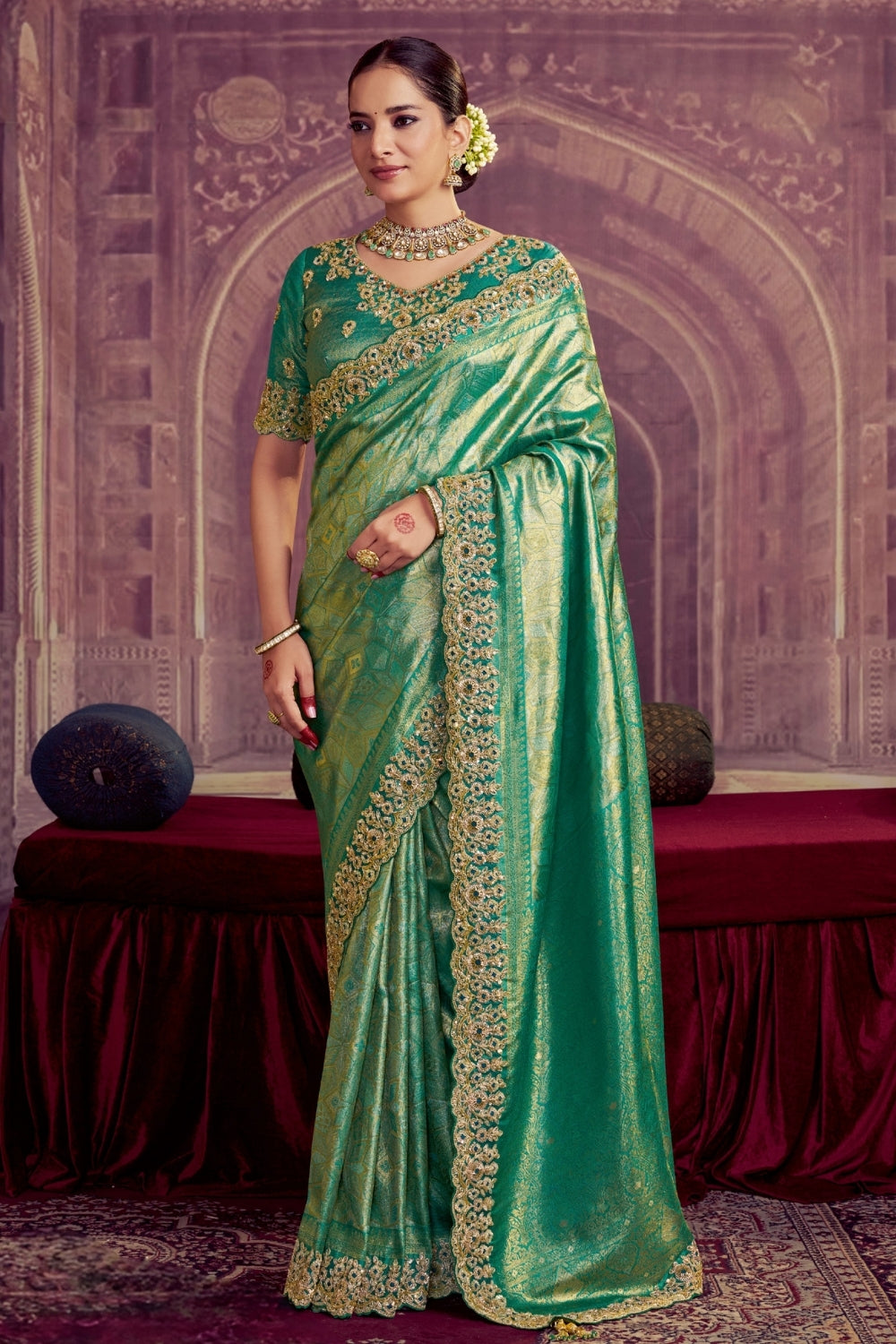 Green Kanjiwaram Silk Saree with Cutdana and Sequins Work