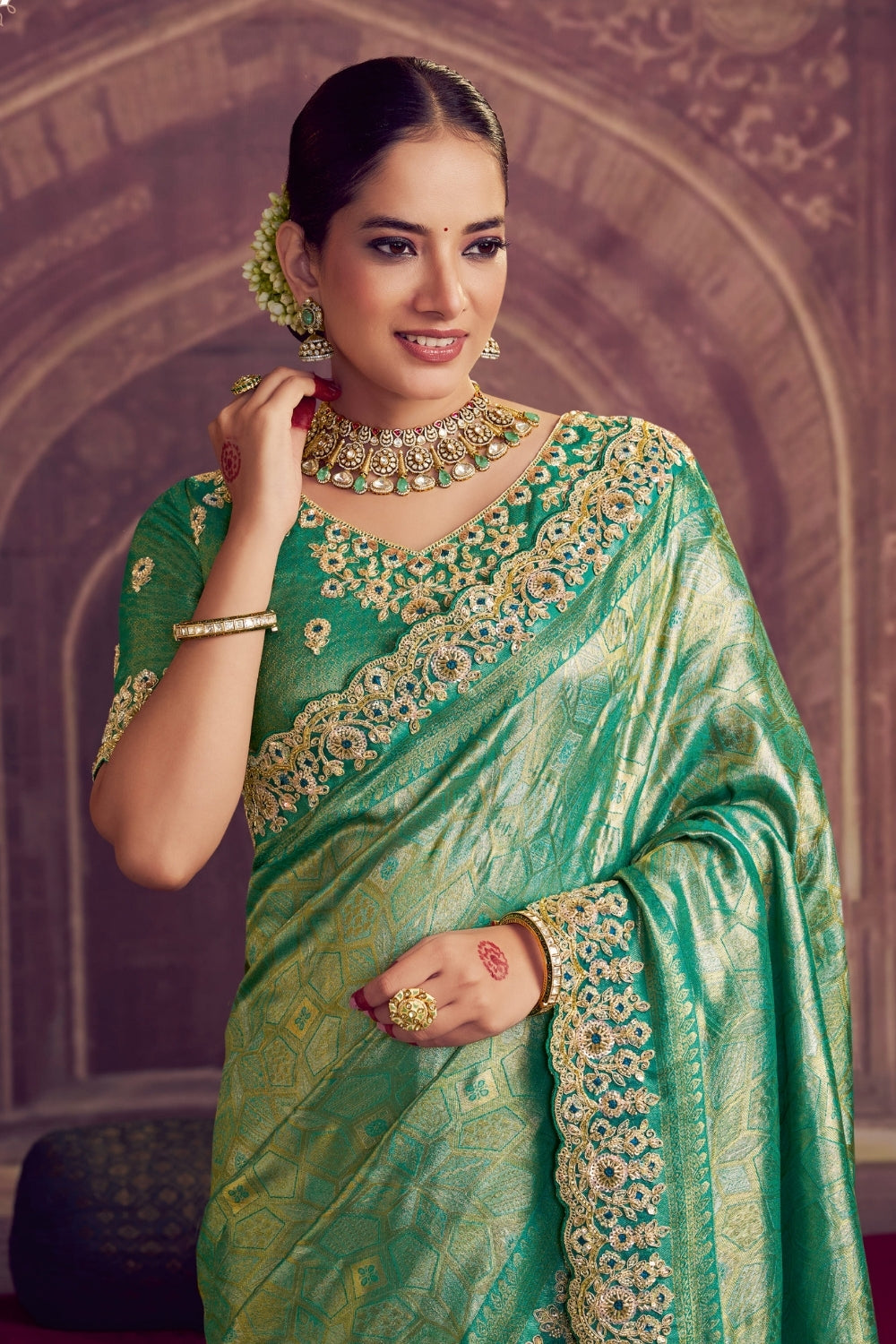 Green Kanjiwaram Silk Saree with Cutdana and Sequins Work