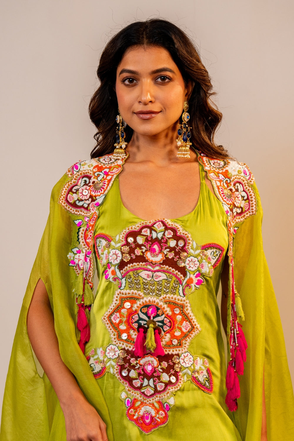 Green Organza Indo Western with Thread and Zardosi Work