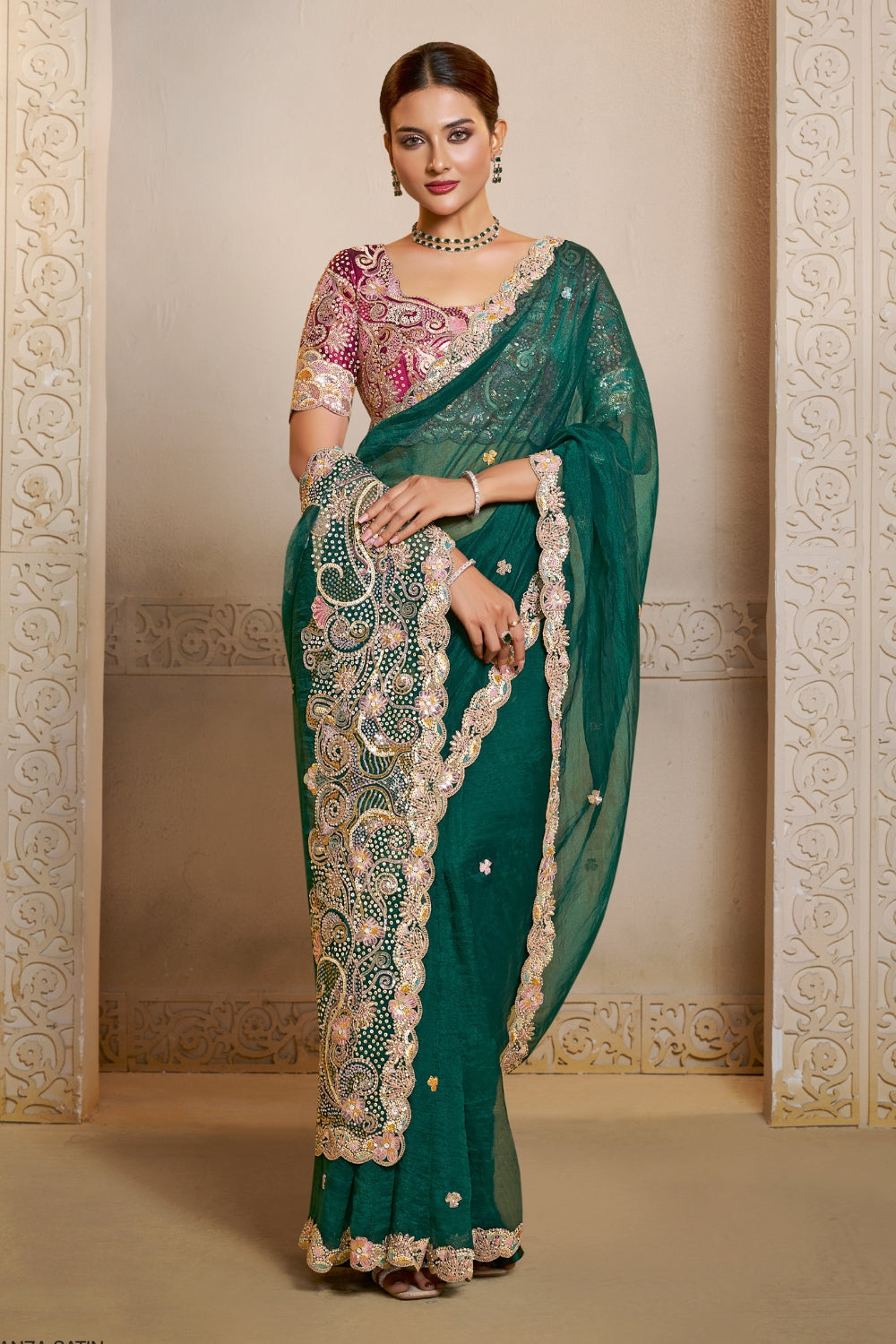 Green Organza Saree with Sequins and Moti Work