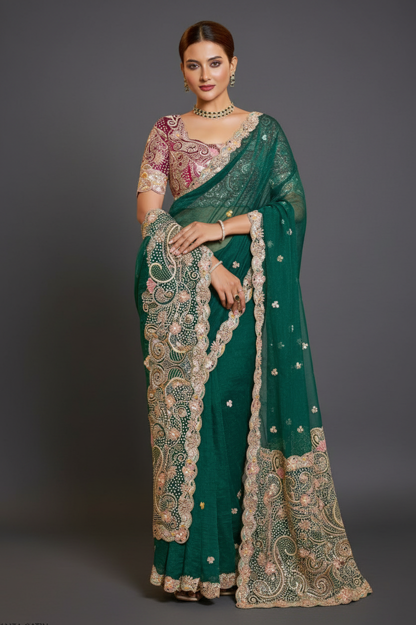 Green Organza Saree with Sequins and Moti Work