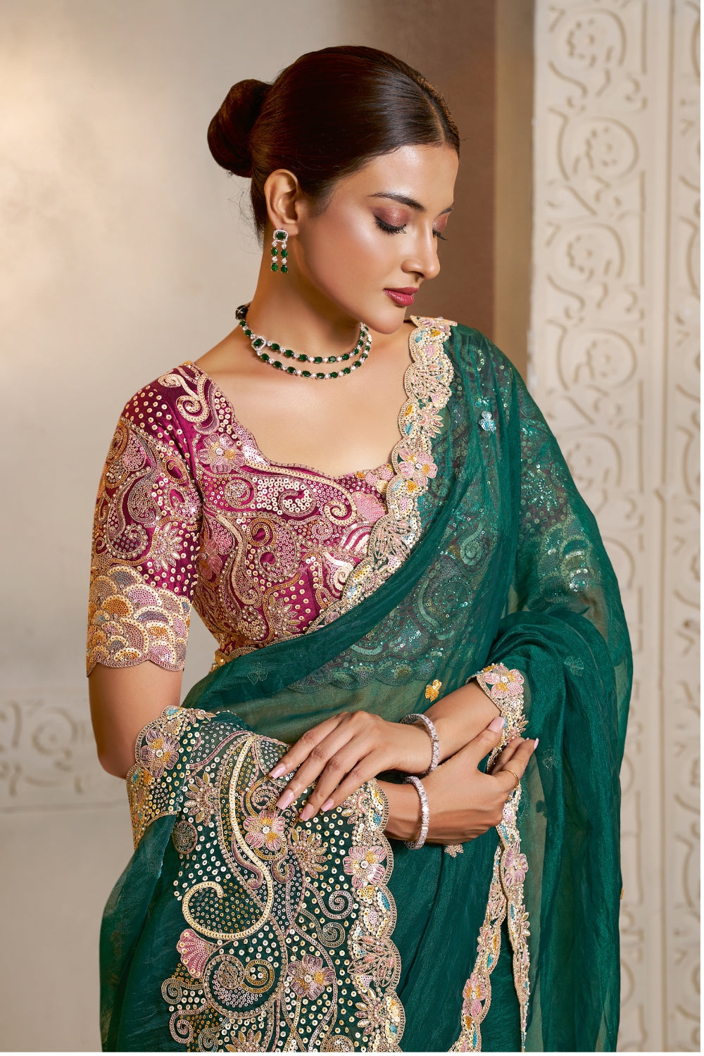 Green Organza Saree with Sequins and Moti Work