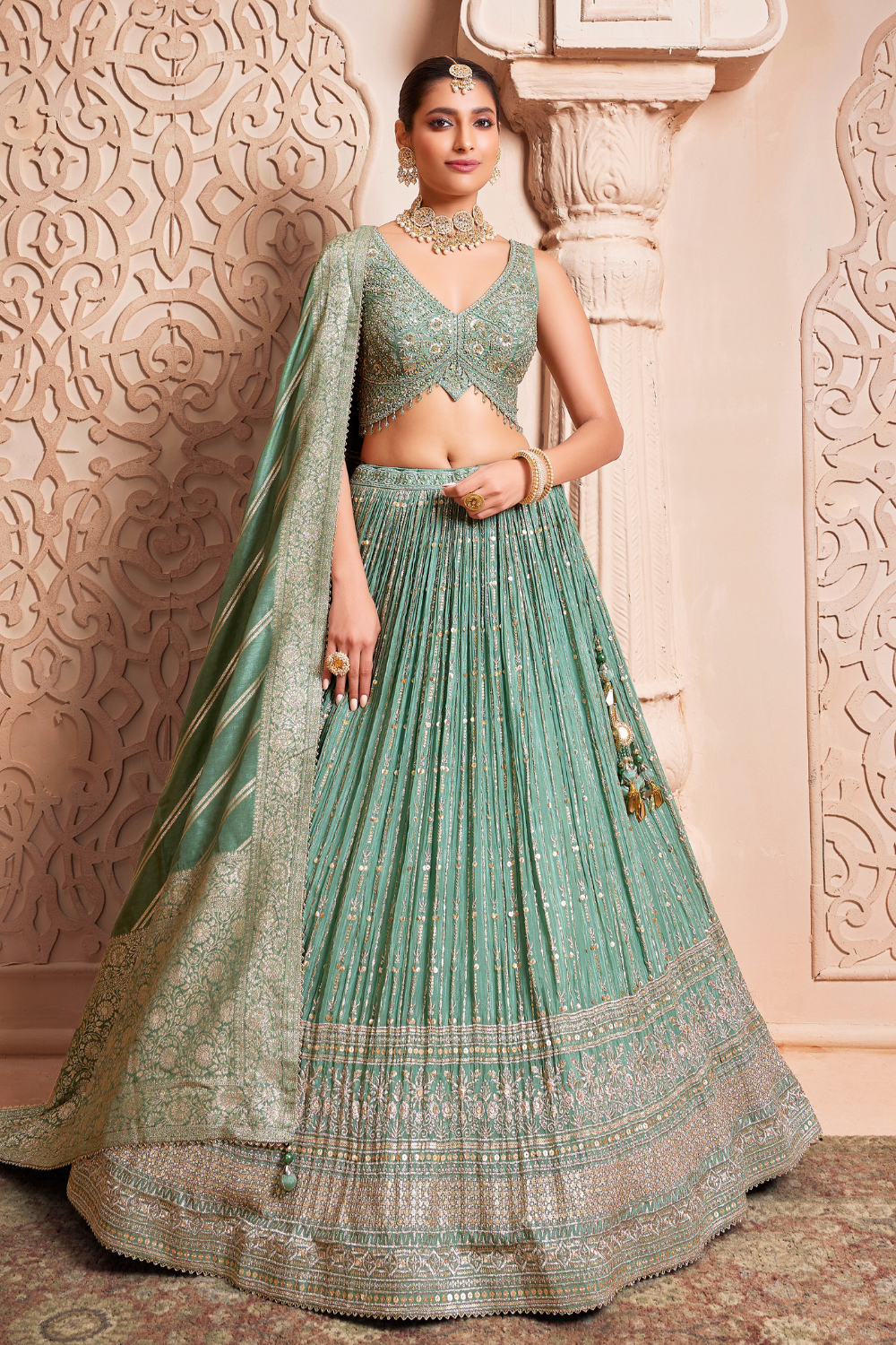 Green Sheen Chinon Sequin and Zari Embroidered Flared Lehenga