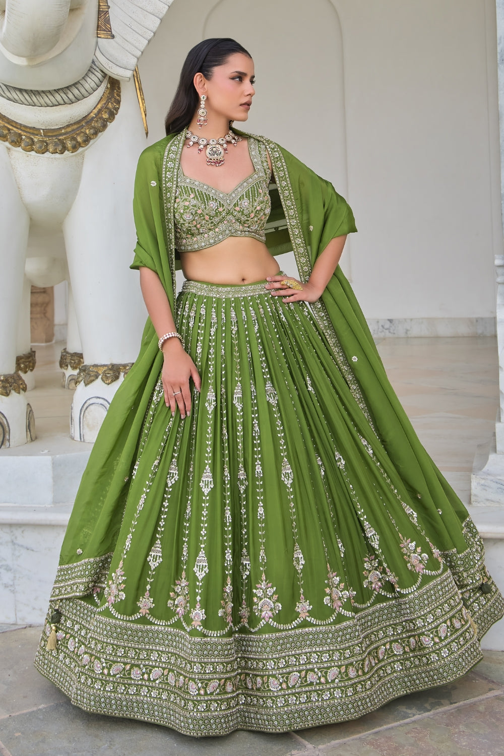 Green Silk Lehenga Set with Zardosi and Moti Work