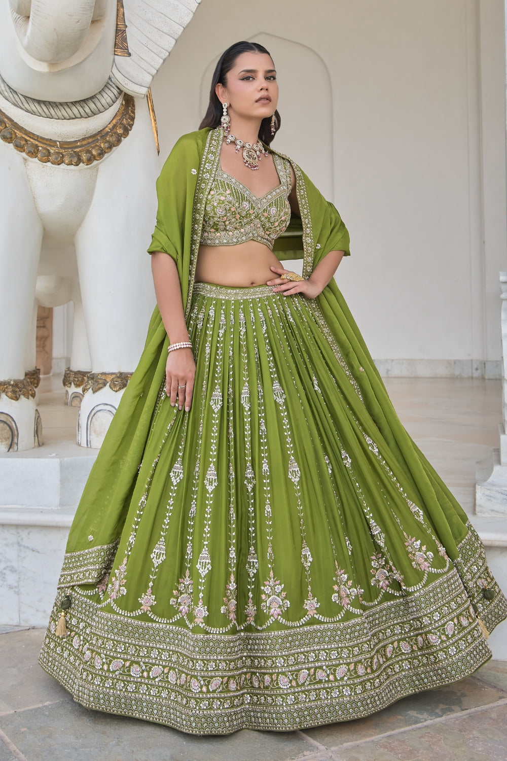 Green Silk Lehenga Set with Zardosi and Moti Work