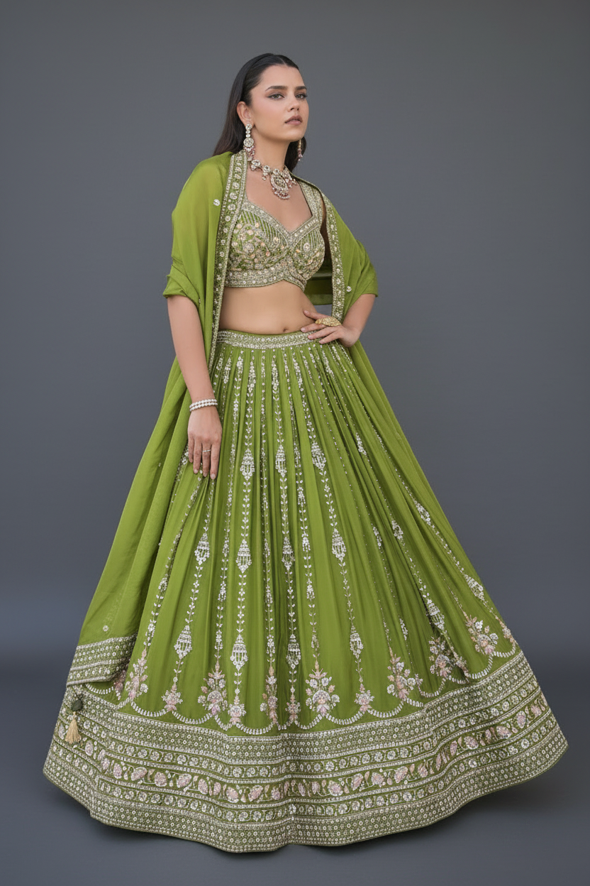 Green Silk Lehenga Set with Zardosi and Moti Work