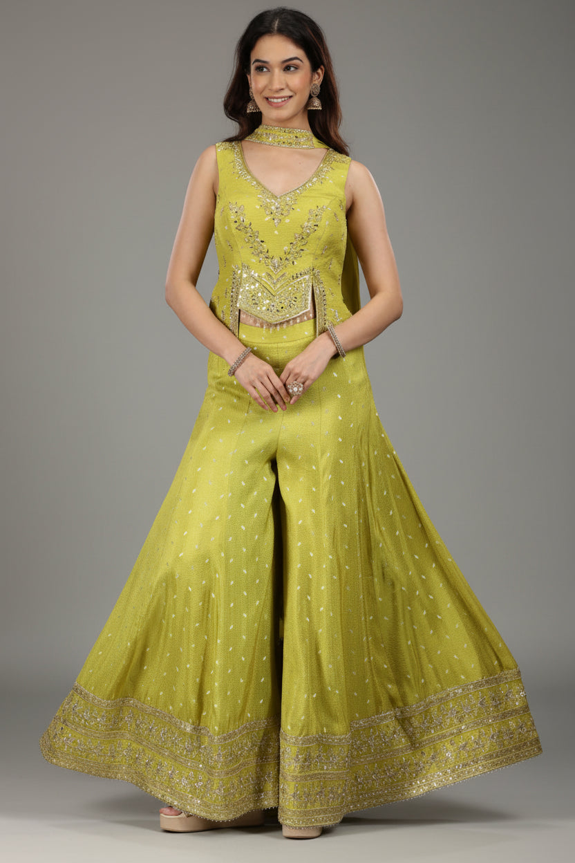 Green Silk Palazzo Set with Cutdana and Mirror Work