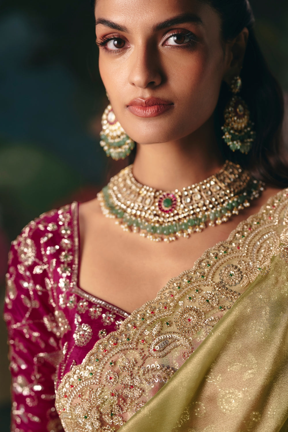Green Silk Saree with Cutdana and Moti Work