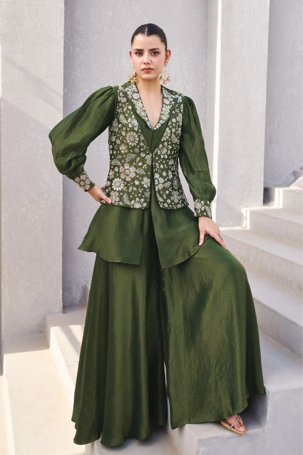 Green Tissue Embellished Co-Ord Set with Puff Sleeves