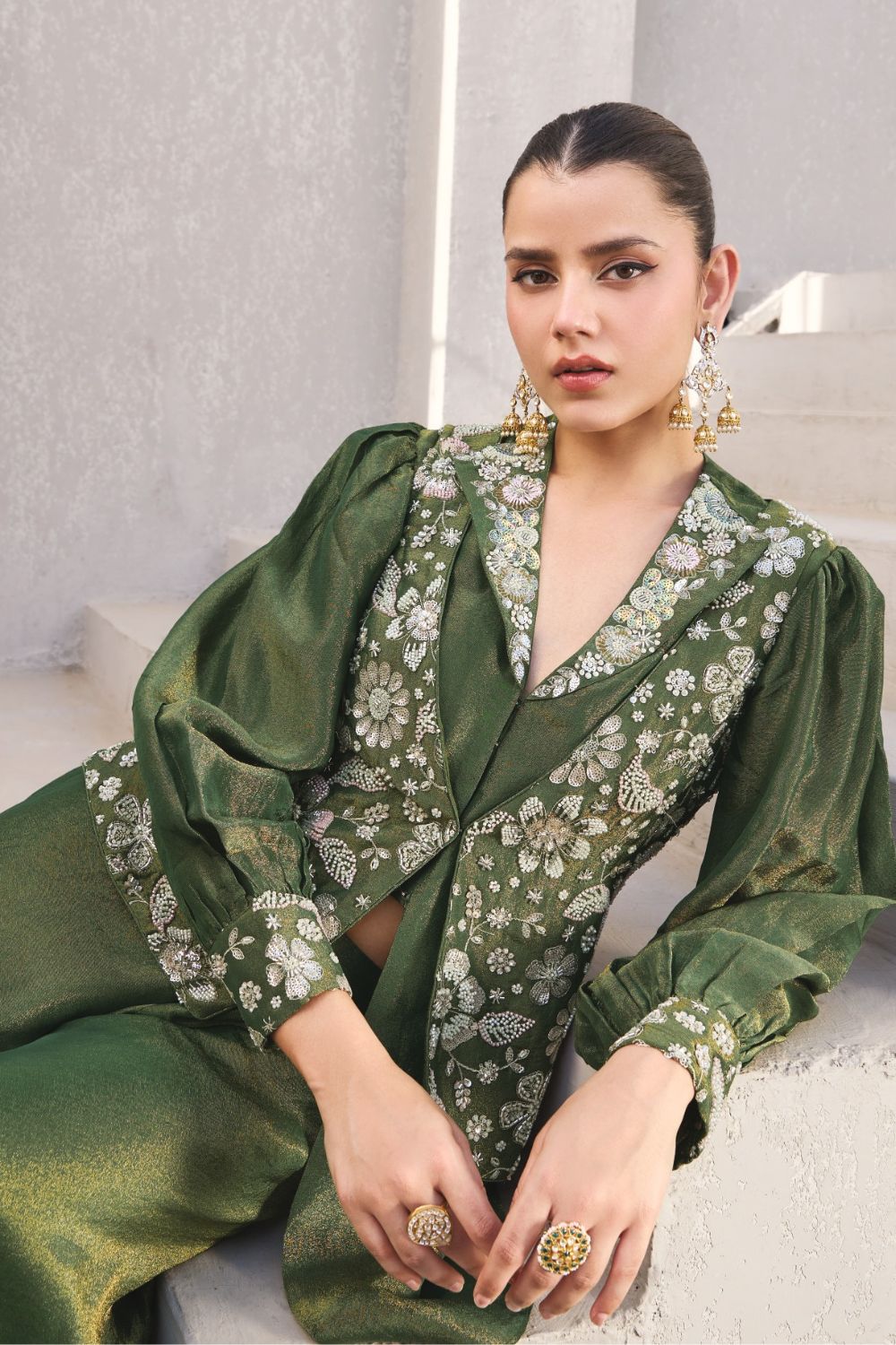 Green Tissue Embellished Co-Ord Set with Puff Sleeves