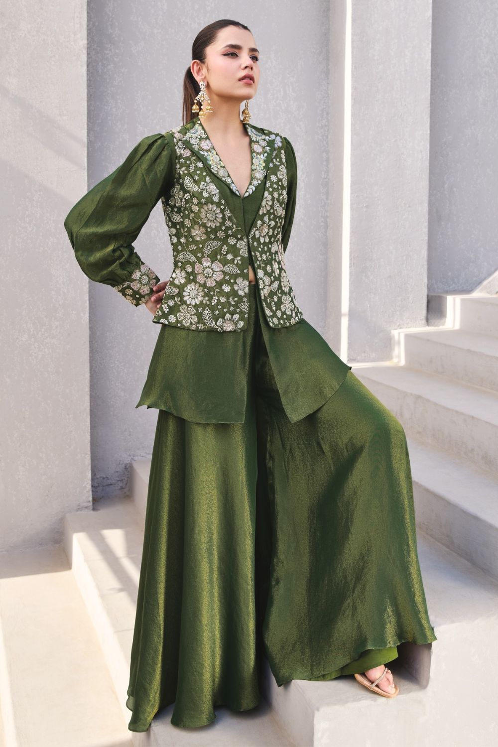 Green Tissue Embellished Co-Ord Set with Puff Sleeves