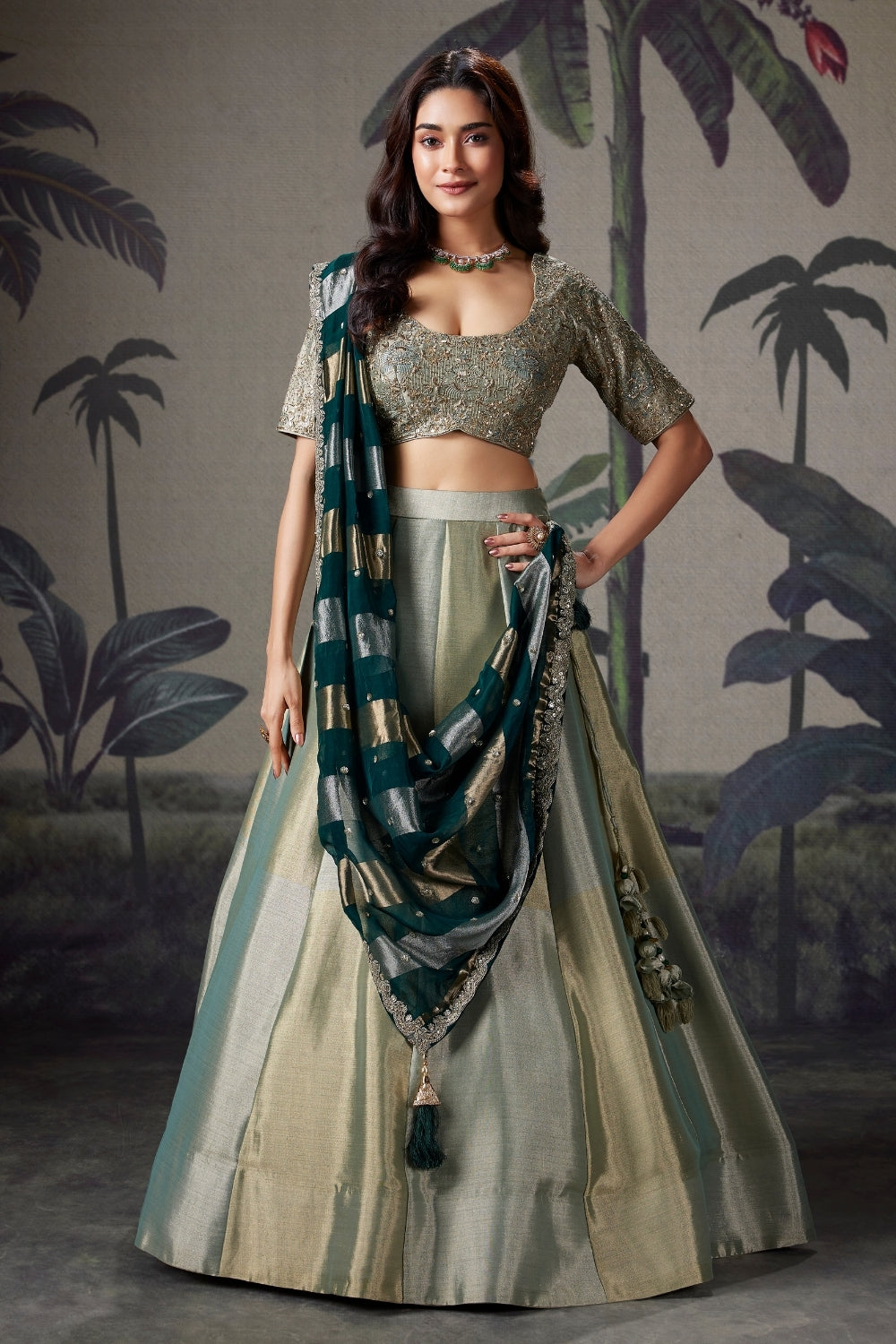 Green Tissue Lehenga Set with Zardosi and Moti Work