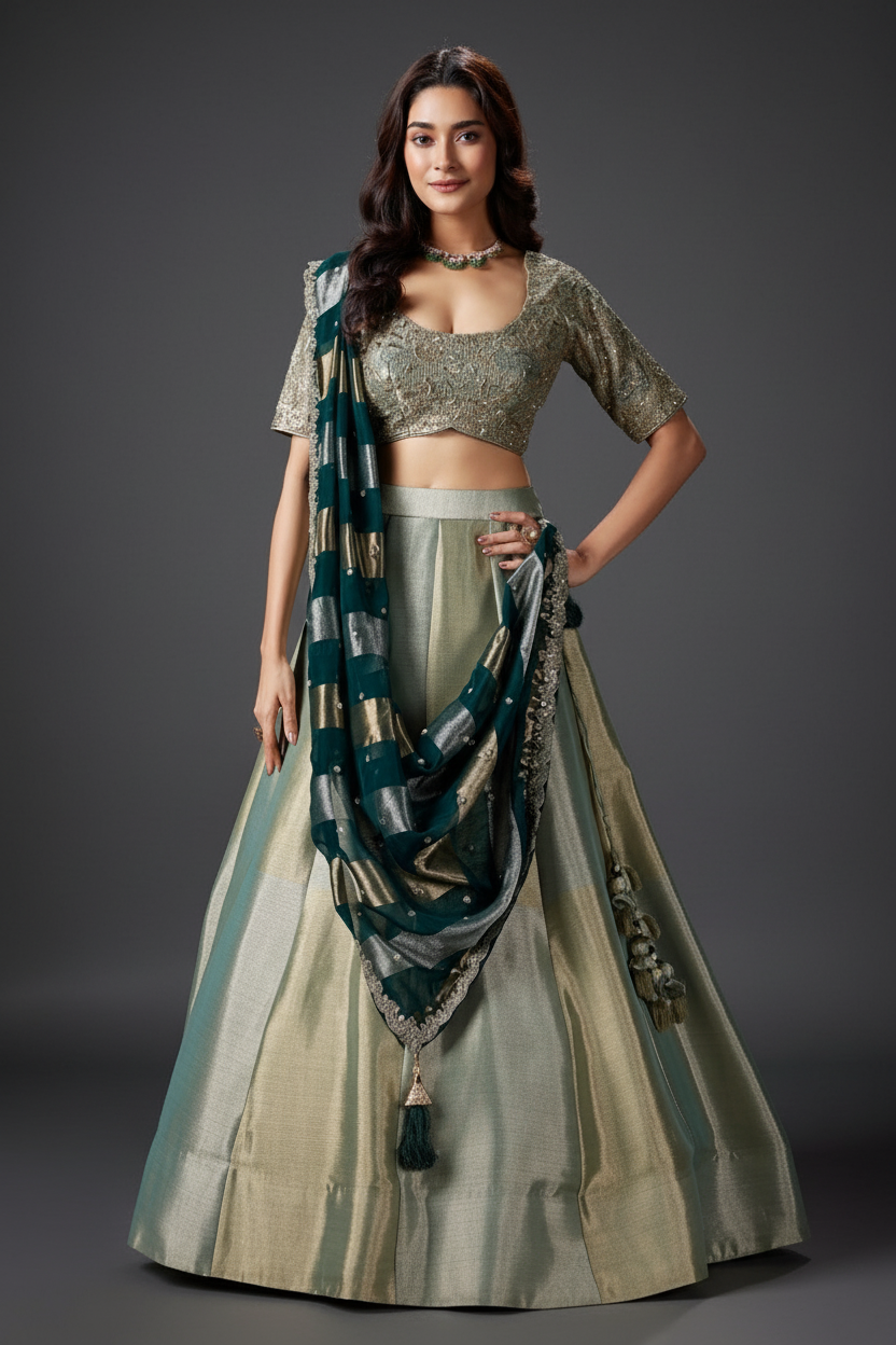 Green Tissue Lehenga Set with Zardosi and Moti Work