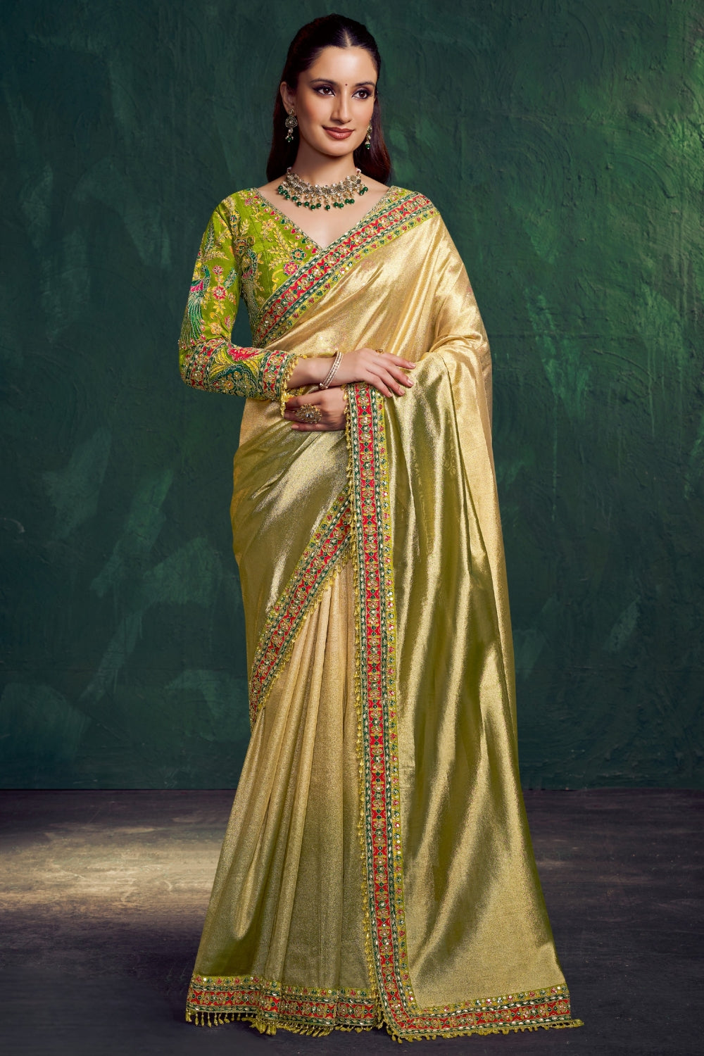 Green Tissue Saree with Cutdana and Moti Work