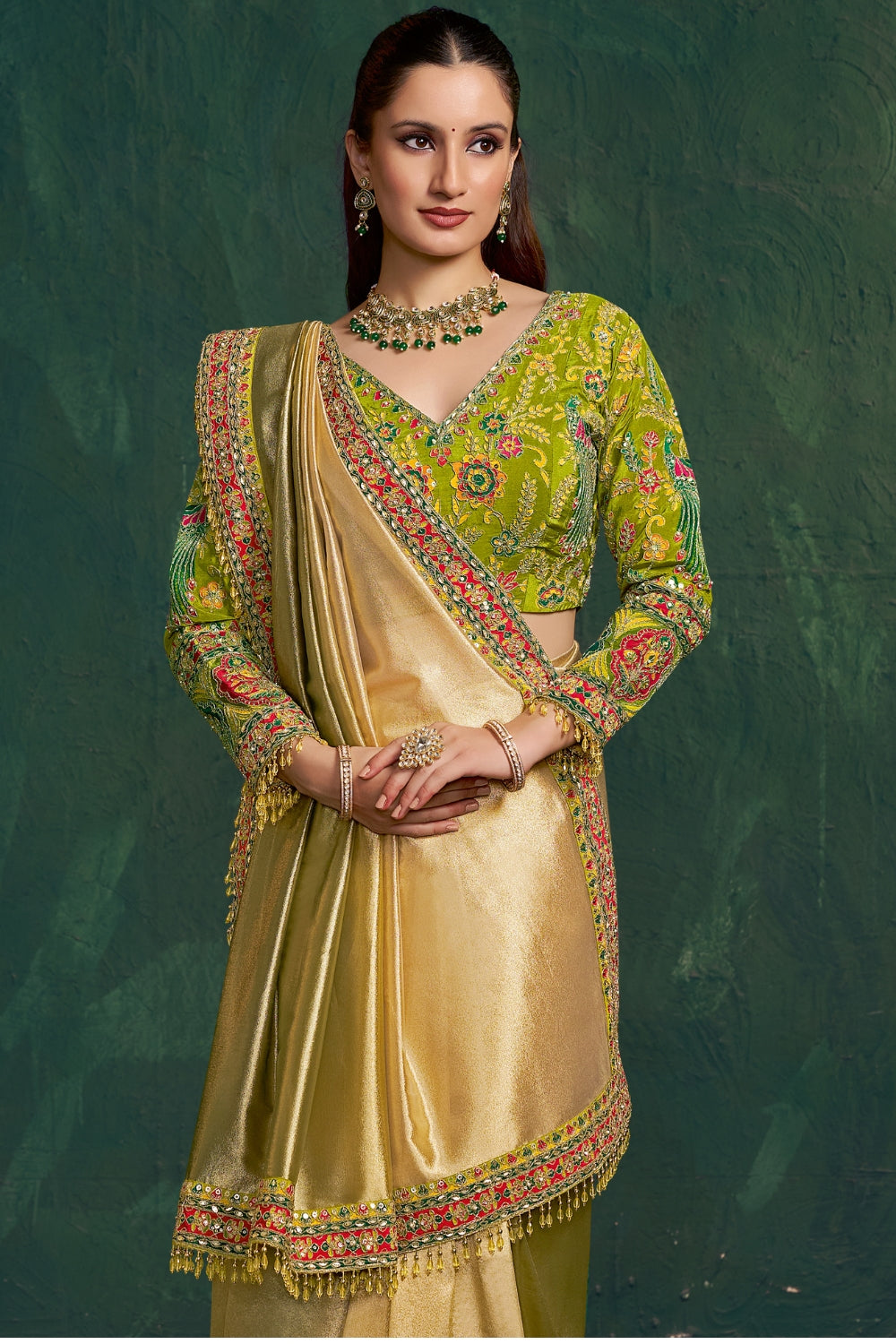 Green Tissue Saree with Cutdana and Moti Work