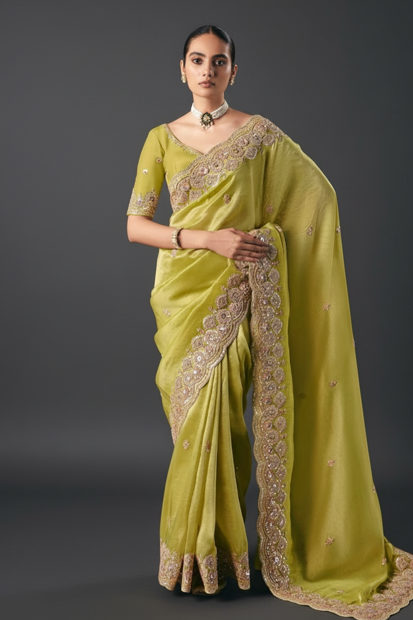 Green Tissue Saree with Mirror and Thread Work