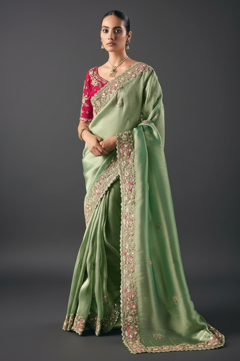 Green Tissue Saree with Mirror and Thread Work