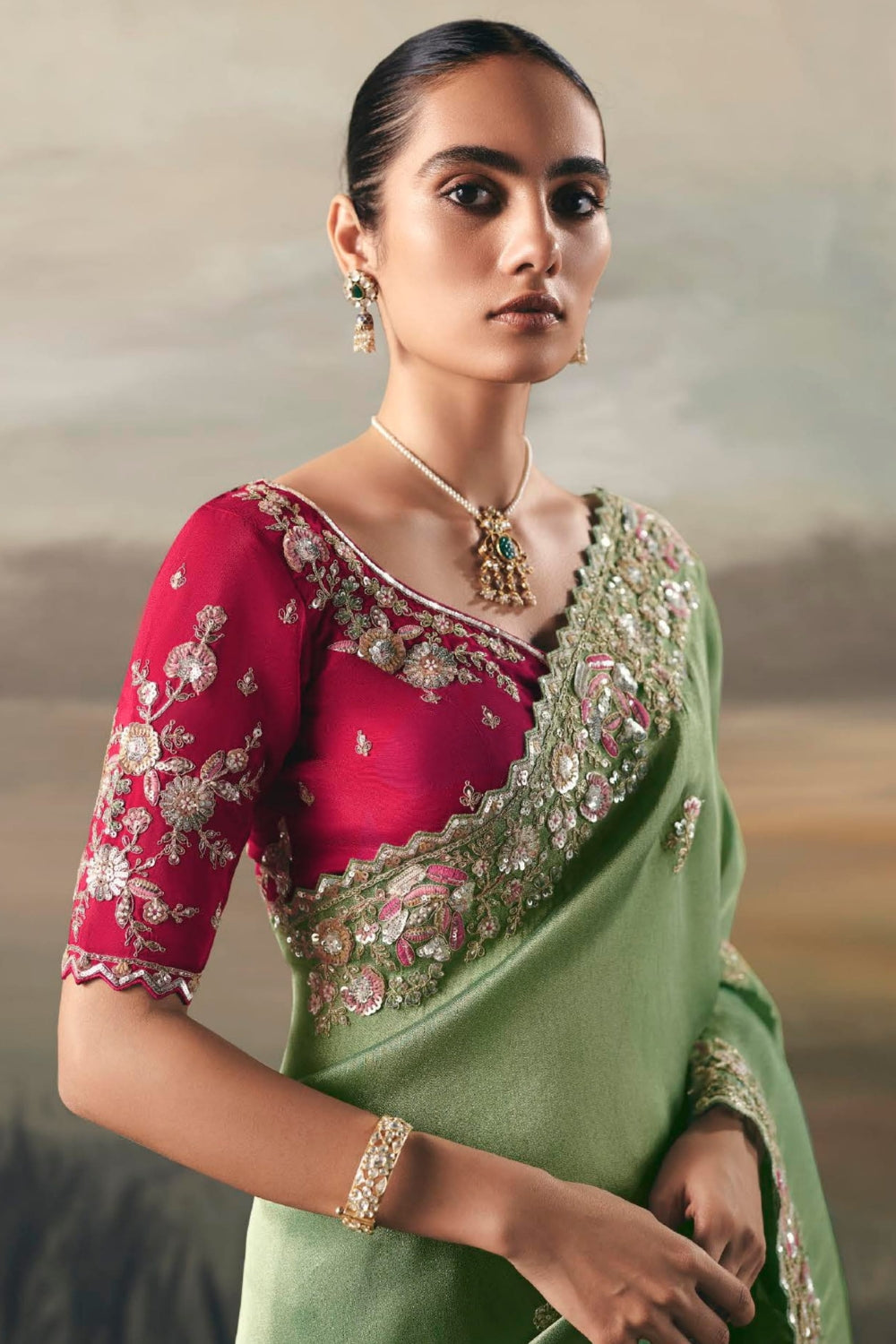 Green Tissue Saree with Mirror and Thread Work
