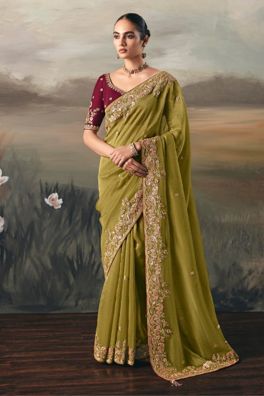 Green Tissue Saree with Thread and Mirror Work