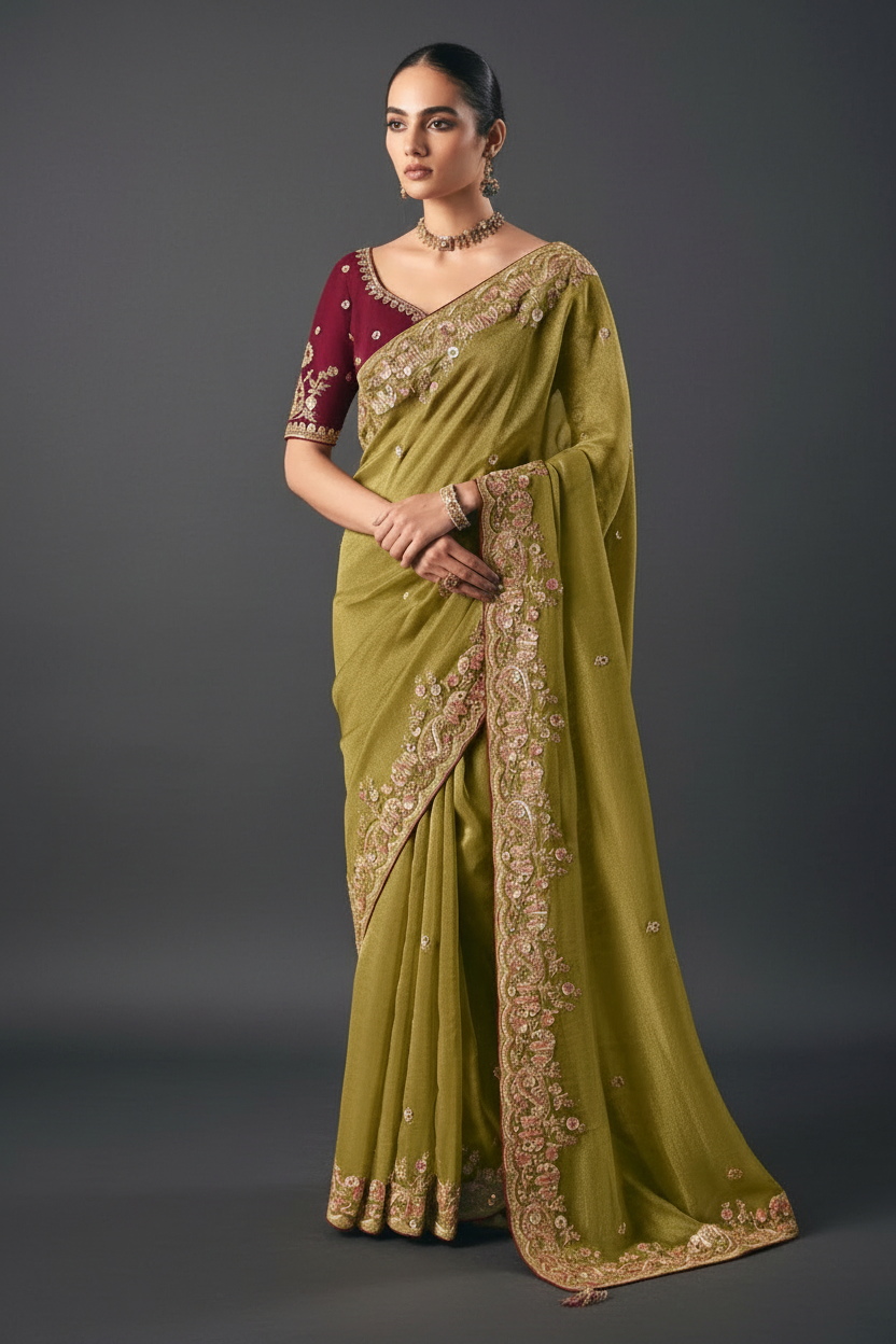 Green Tissue Saree with Thread and Mirror Work
