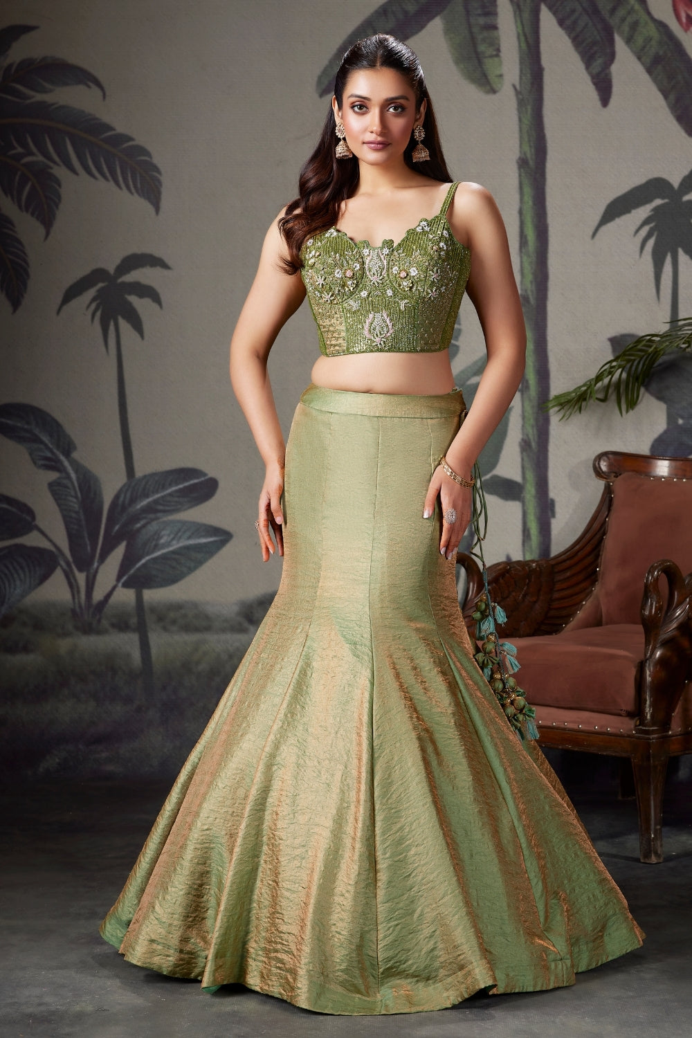 Green Tissue Silk Fish-Cut Lehenga with Cutdana and Sequin