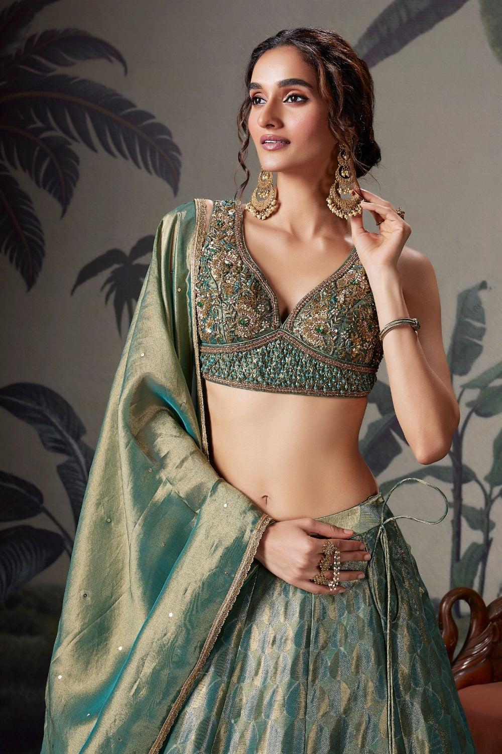 Green Tissue Silk Lehenga Set with Zardosi Work